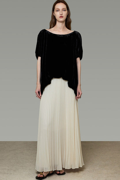 Black Velvet Top And Pleated Skirt Set