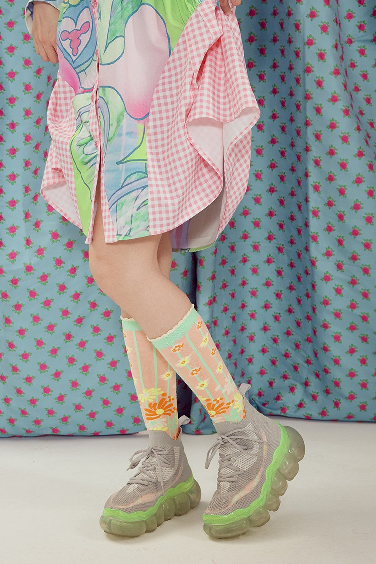 Floral Jacquard Striped Mid-Calf Socks