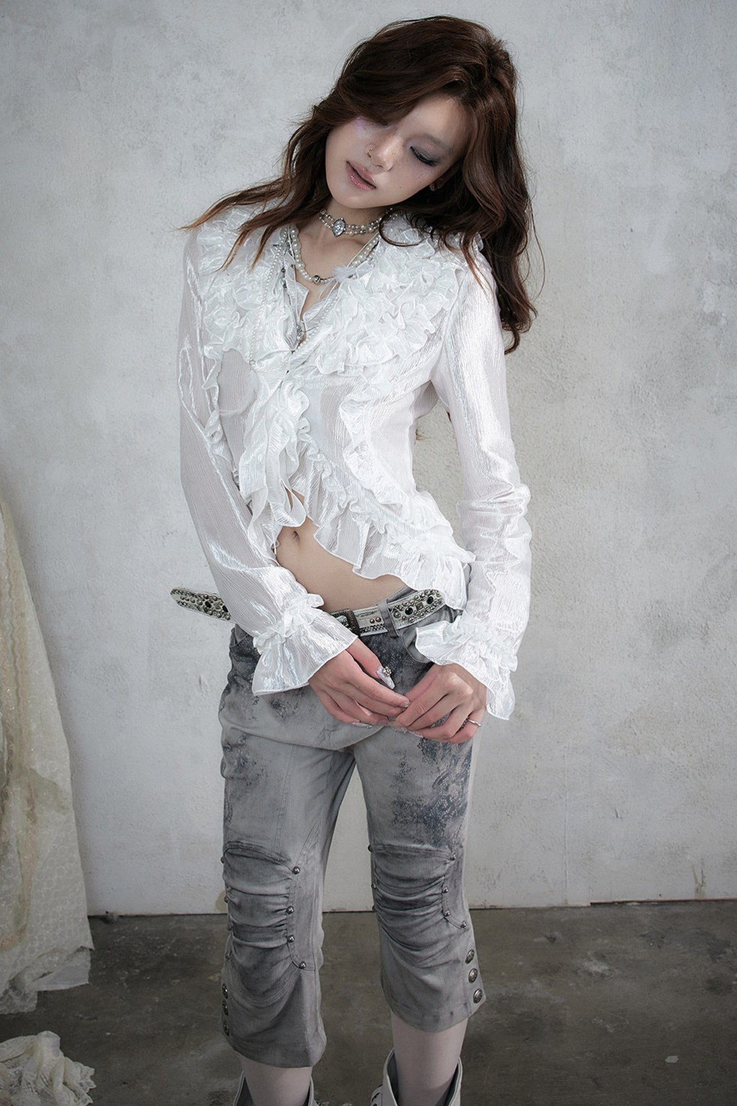 Ruffle Trim Tie Waist Long-Sleeved Blouse