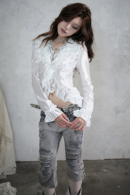 Ruffle Trim Tie Waist Long-Sleeved Blouse