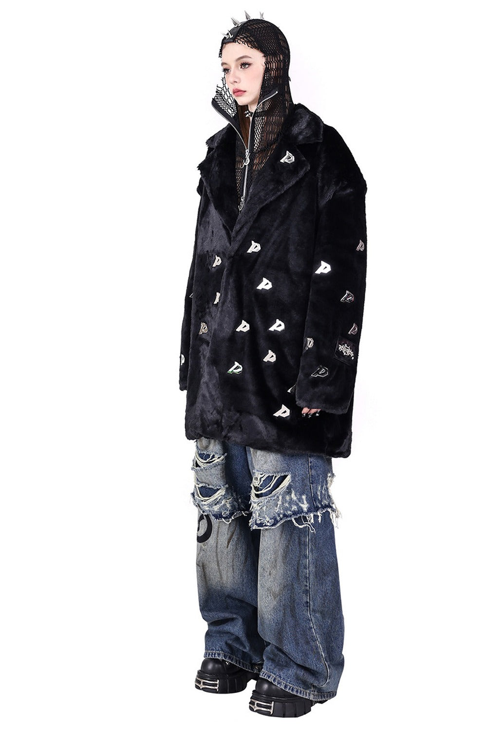 Rivet Hooded Mesh Patch Embroidery Jacket
