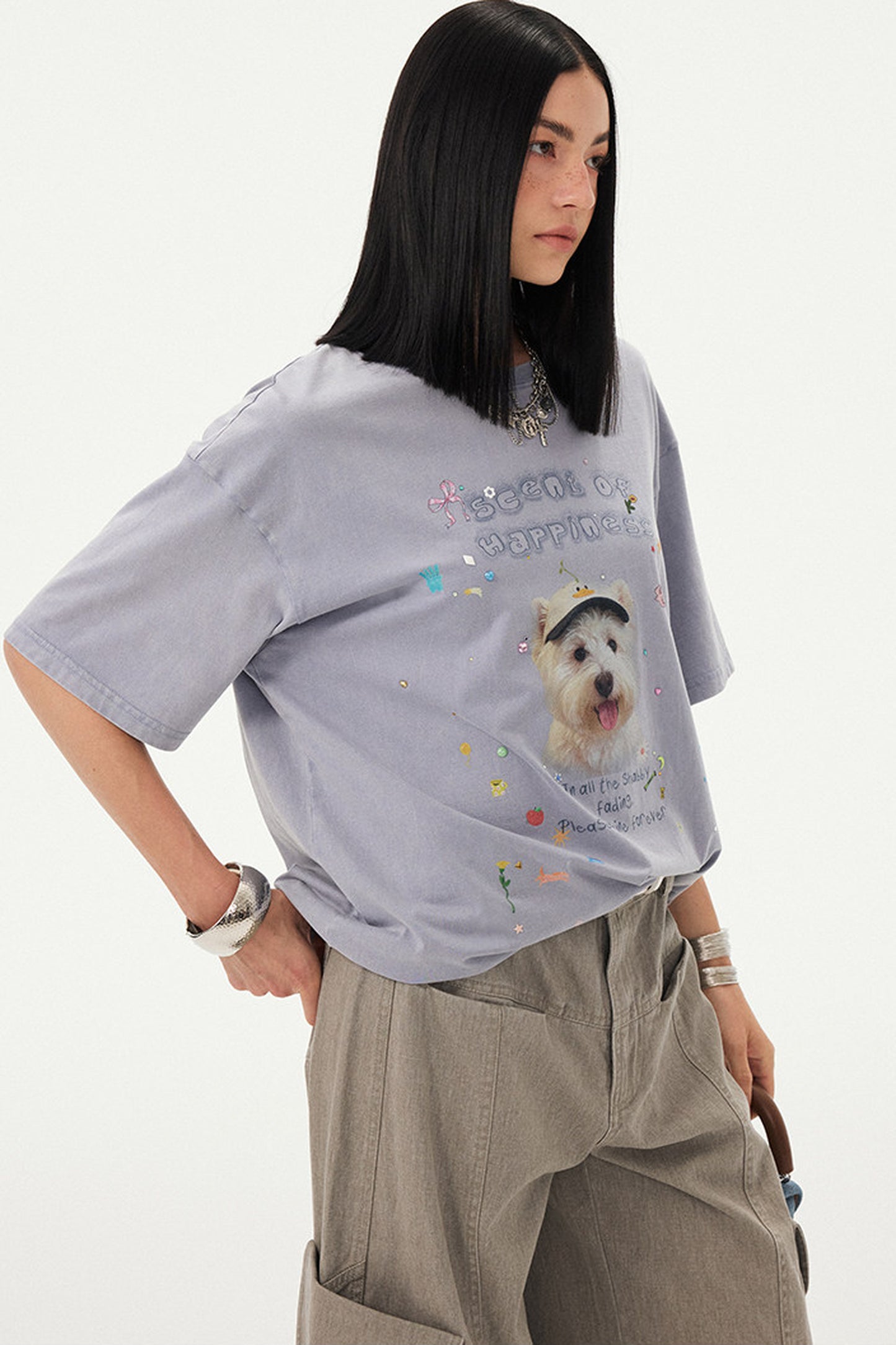 Rhinestone Cartoon Dog Drop Shoulder T-Shirt