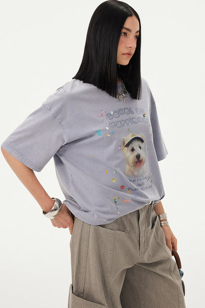 Rhinestone Cartoon Dog Drop Shoulder T-Shirt