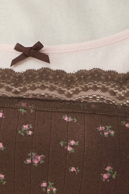 Floral Patchwork Lace Strap Puff Sleeve Top