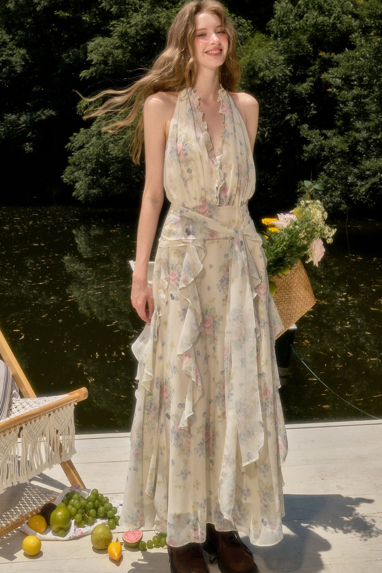Floral Ruffle Sleeveless V-Neck Dress