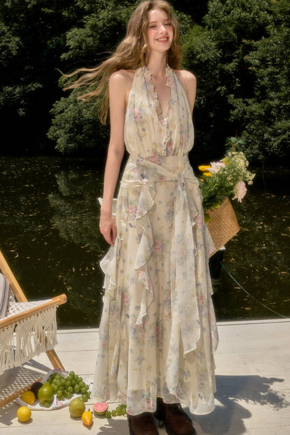 Floral Ruffle Sleeveless V-Neck Dress