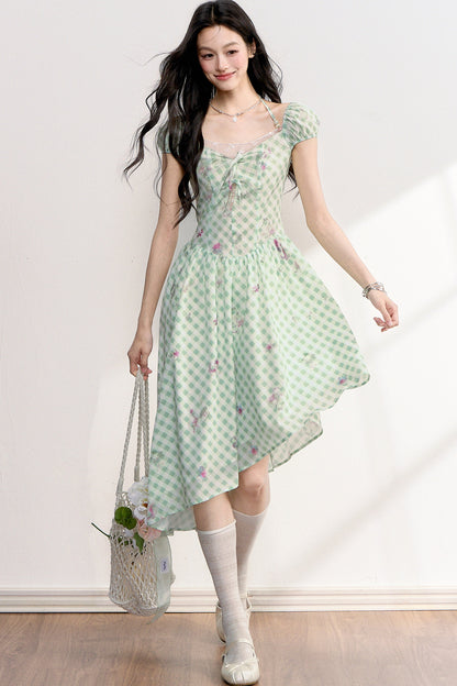 Mint Green Plaid Floral Lace Dress
