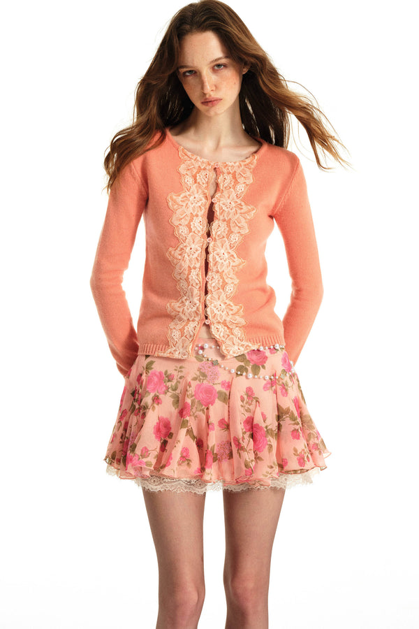 Lace Trim Wool Knit Cardigan and Chiffon Skirt