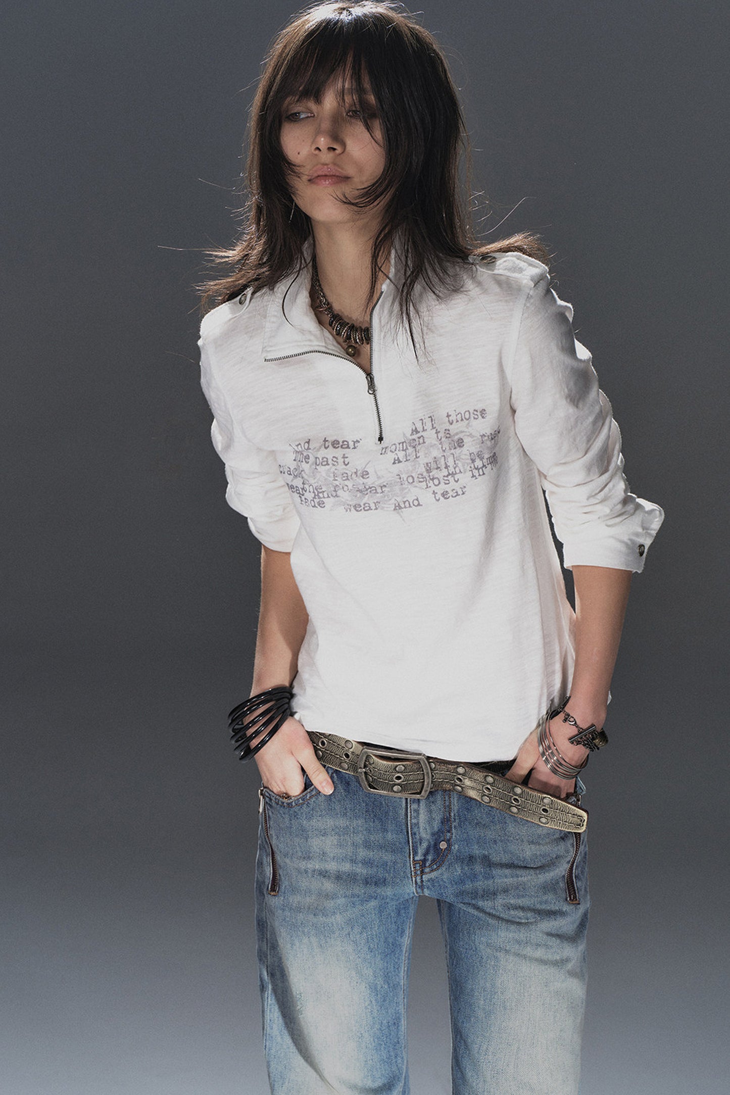 Stand Collar Metal Zipper Printed T-Shirt