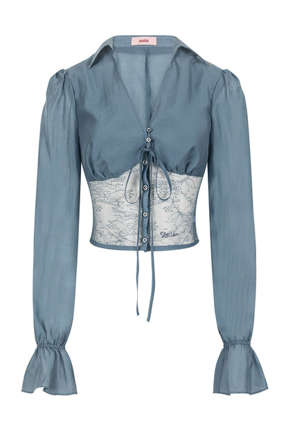 Short Lace Panel V-Neck Shirt