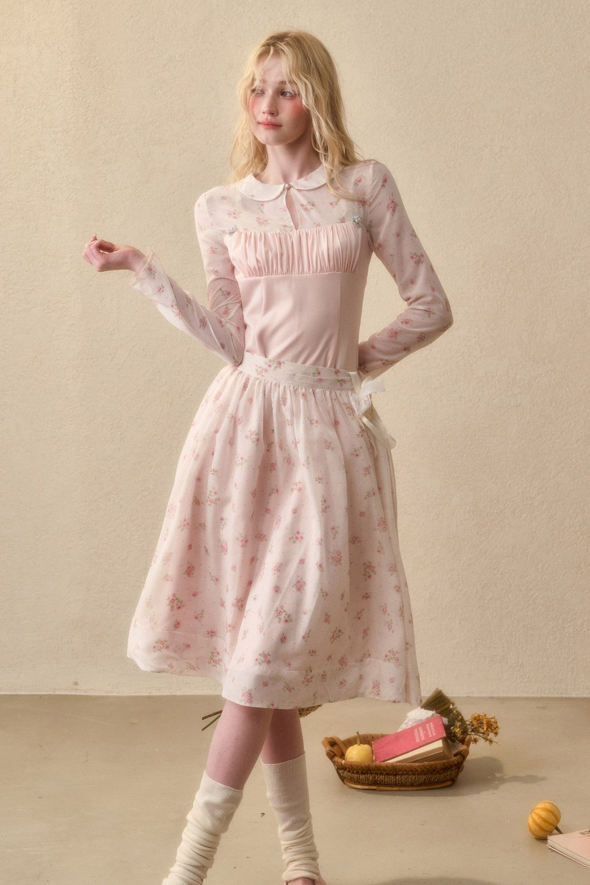 Peach Floral Satin Tencel Dress Set-Up