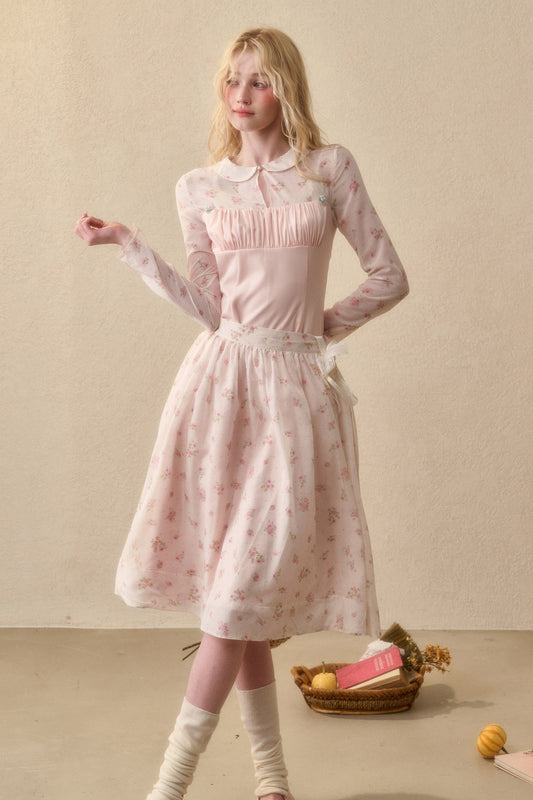 Peach Floral Satin Tencel Dress Set-Up