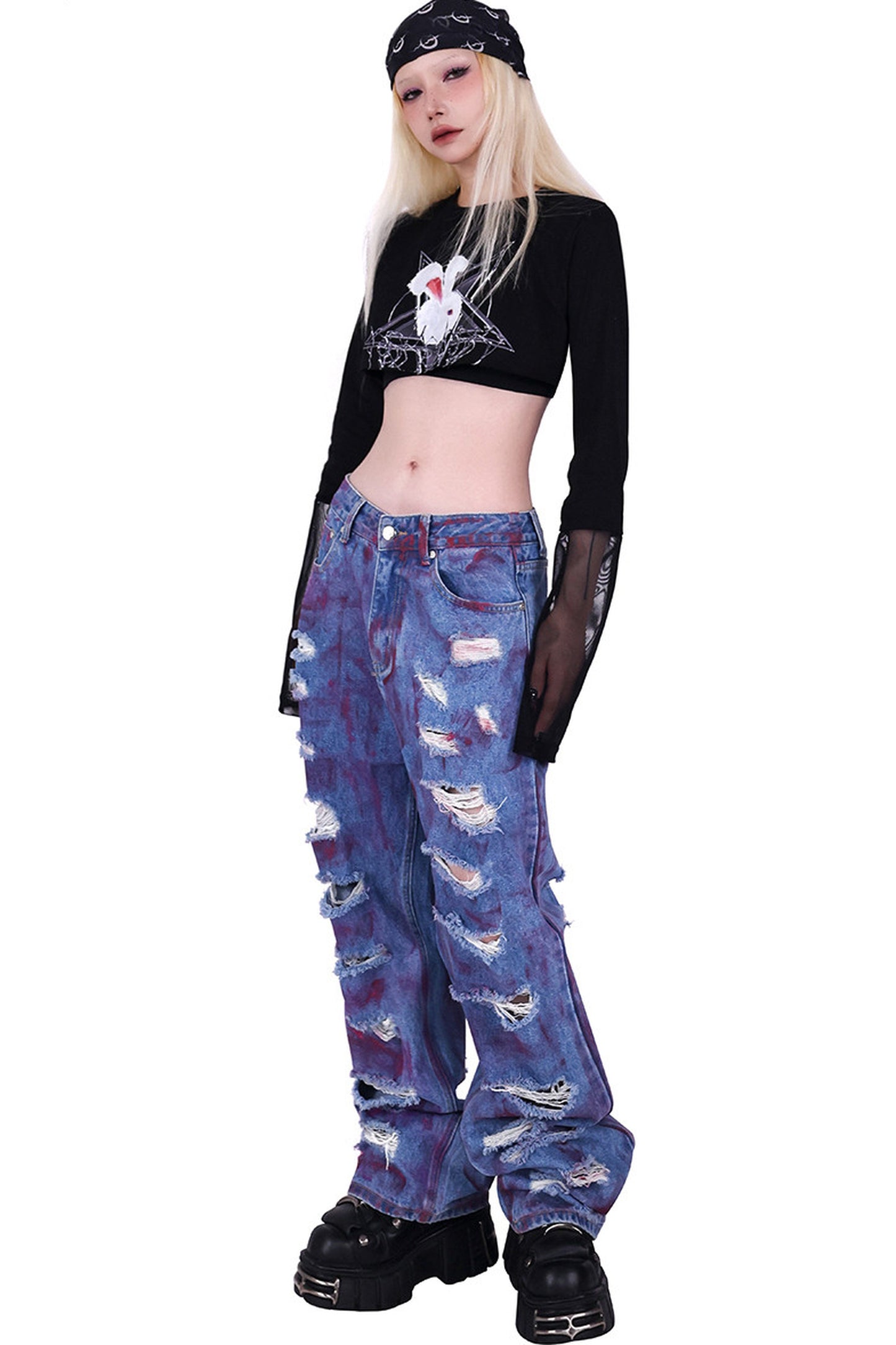 Printed Rabbit Mesh Blouse Set
