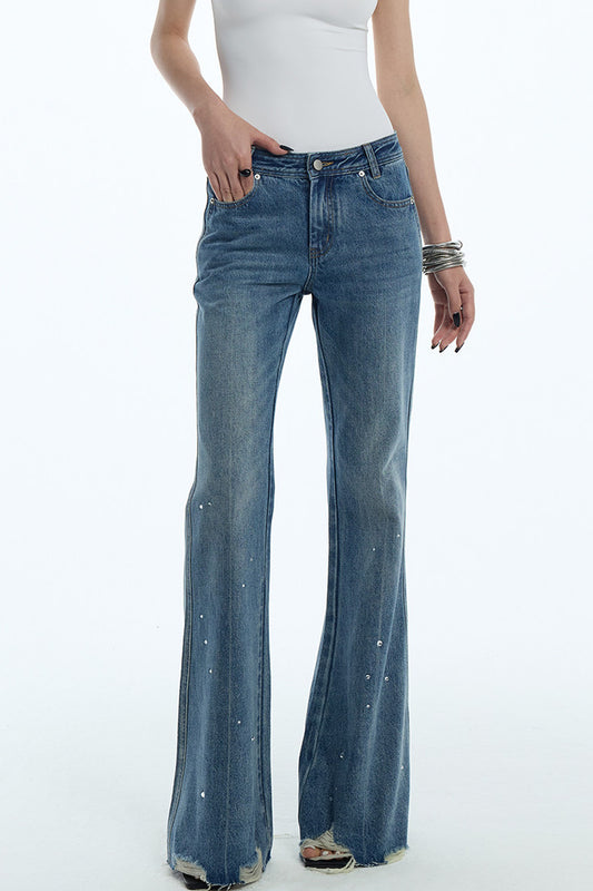 Frayed Hem Washed Blue Rhinestone Micro-Flared Jeans