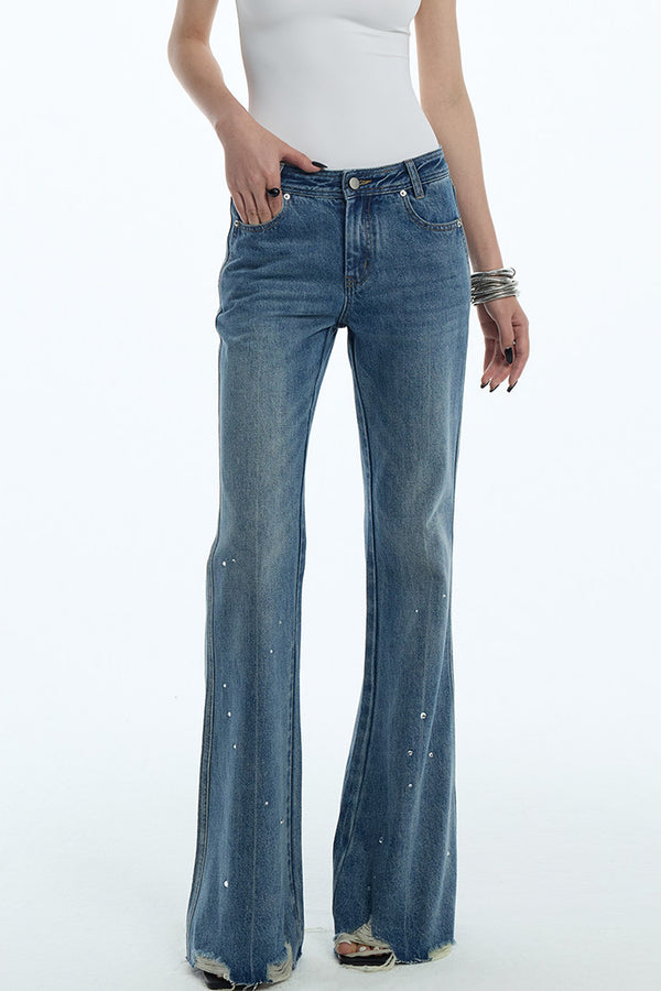 Frayed Hem Washed Blue Rhinestone Micro-Flared Jeans