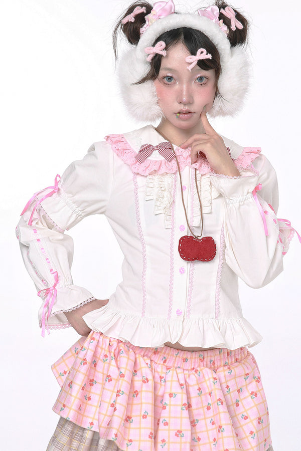 Retro Bow Cute White Long-Sleeved Top