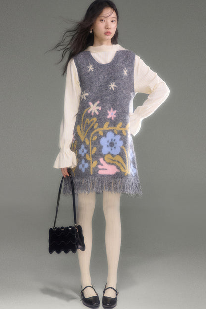 Ear-Shaped Wool-Blend Bird and Flower Jacquard Dress Set-Up
