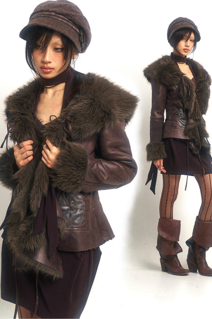 Ruffled Fur Collar Fleece-Lined Coat