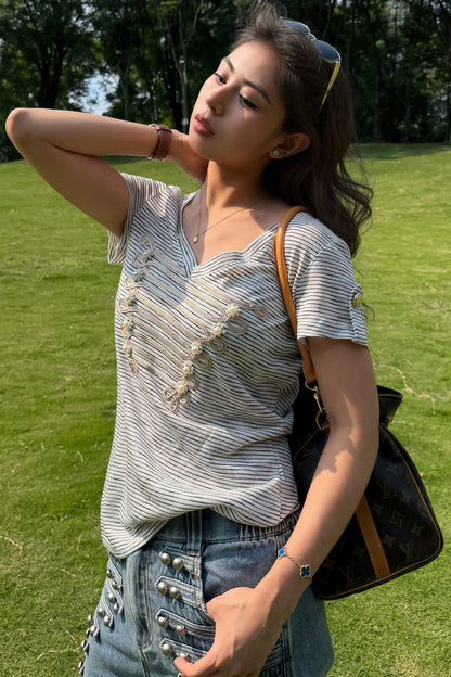 Pearl Beaded Knot Striped T-Shirt
