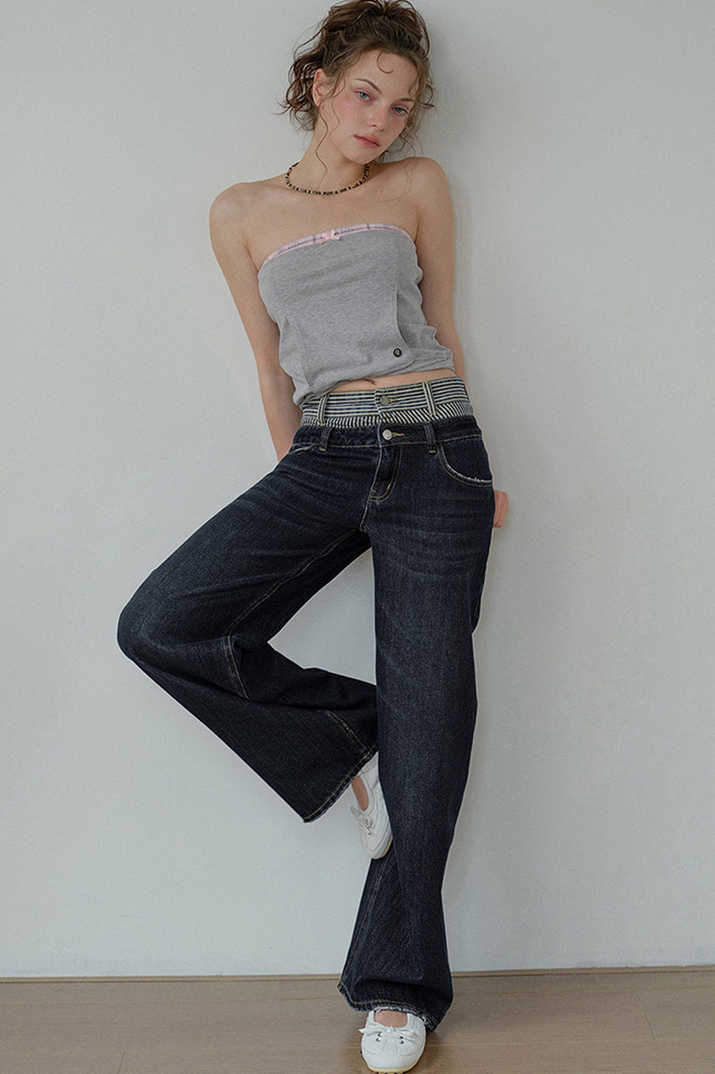Striped Double Waistband Wide-Leg Jeans