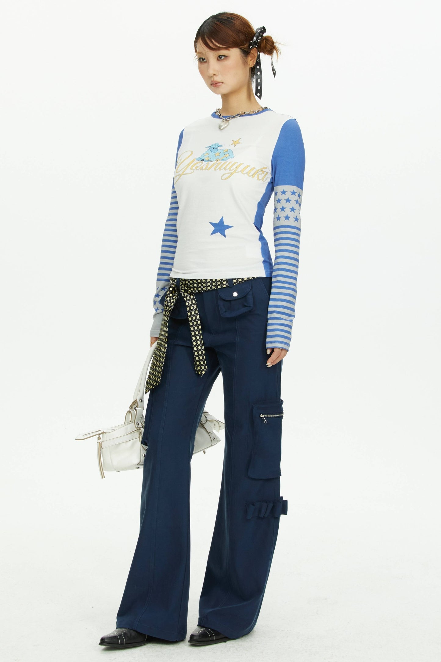 Navy Blue Multi-Pocket Wide-Leg Pants