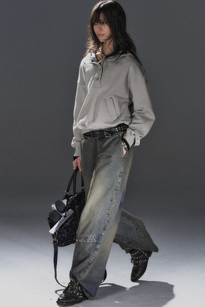 Waist Rivet Split Wide-Leg Denim Jeans