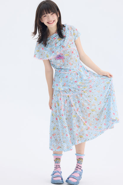 Ensemble haut en dentelle et jupe à carreaux bleus avec imprimé lapin