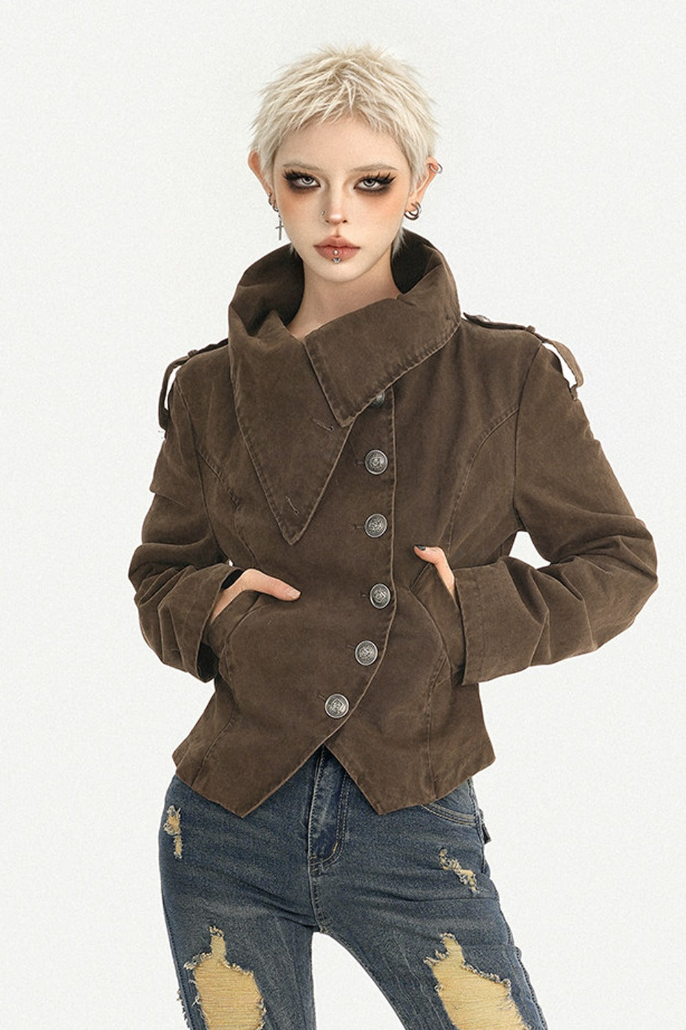 Punk Gothic Asymmetrical Diagonal Button Jacket