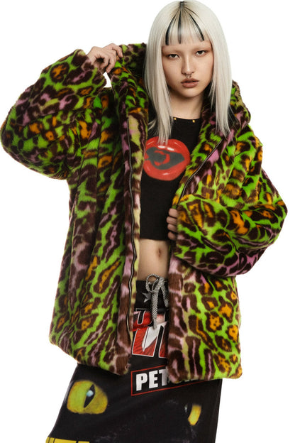 Leopard Print Fur Hooded Jacket