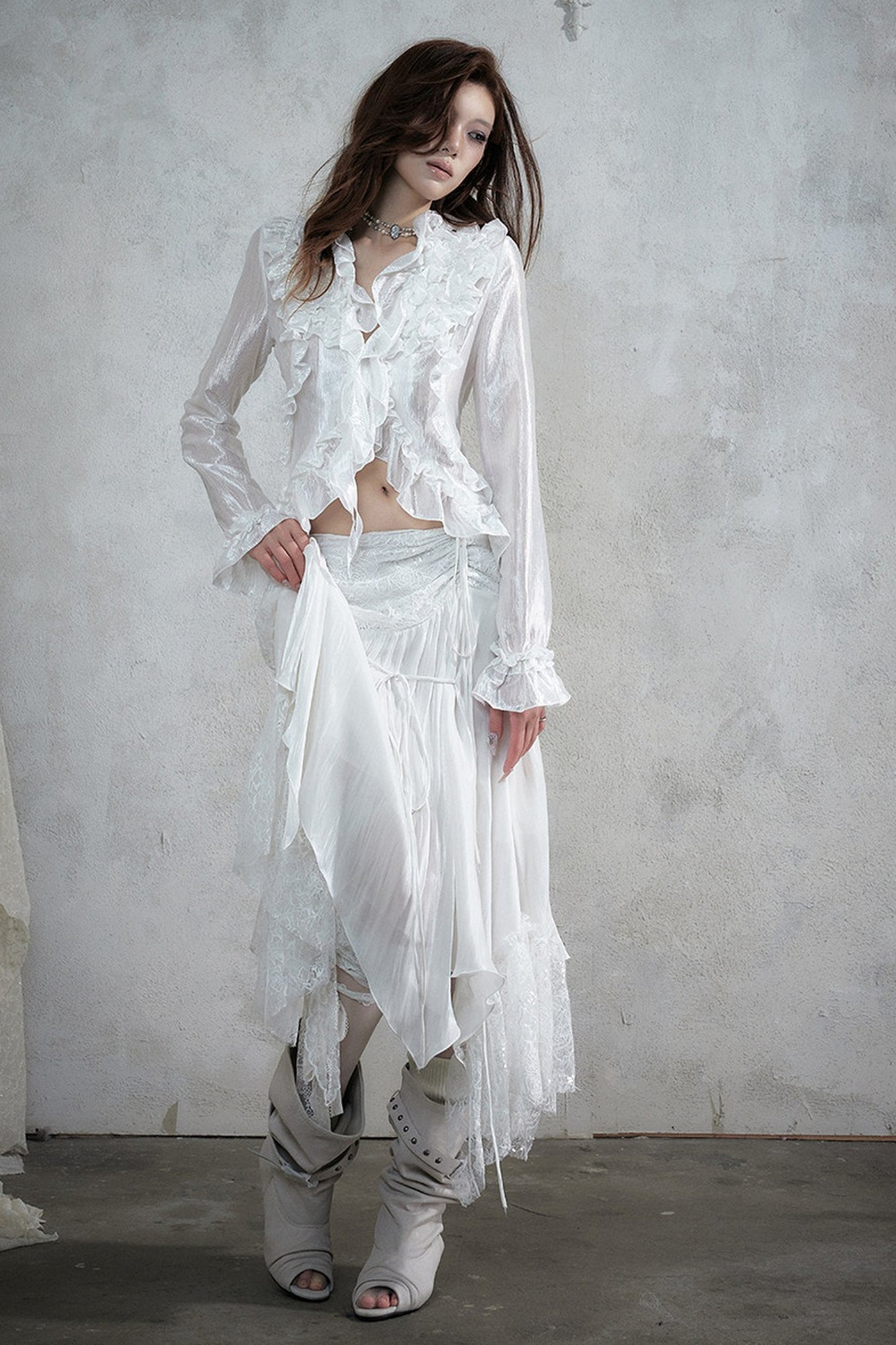 Ruffle Trim Tie Waist Long-Sleeved Blouse