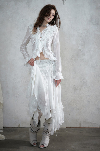 Ruffle Trim Tie Waist Long-Sleeved Blouse
