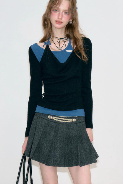 Blue Black Spliced Halter Knit Top