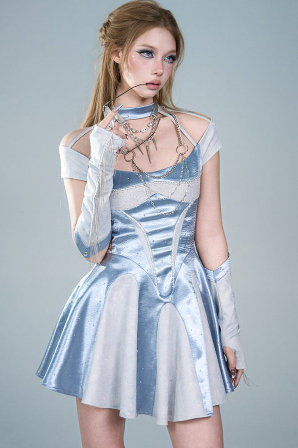 Y2K Blue Satin Halter A-Line Dress Set-Up