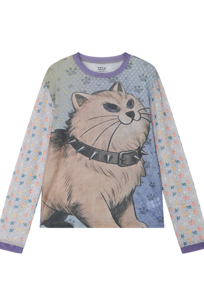 Color Block Cat Print Mesh Top