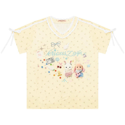 Yellow V-Neck Lace Floral T-Shirt