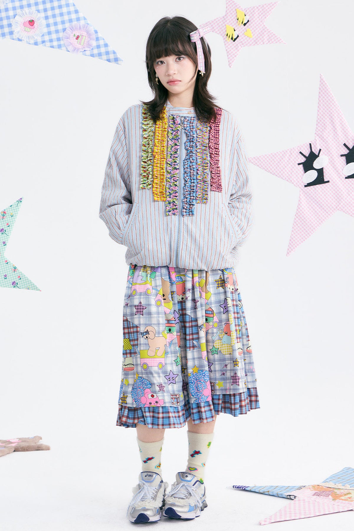 Blue White Striped Lace Trim Stand Collar Sweatshirt