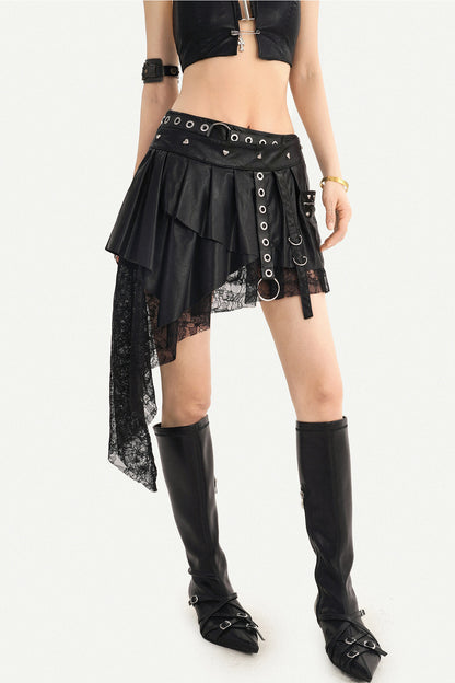 Ensemble jupe asymétrique punk en cuir noir avec empiècements