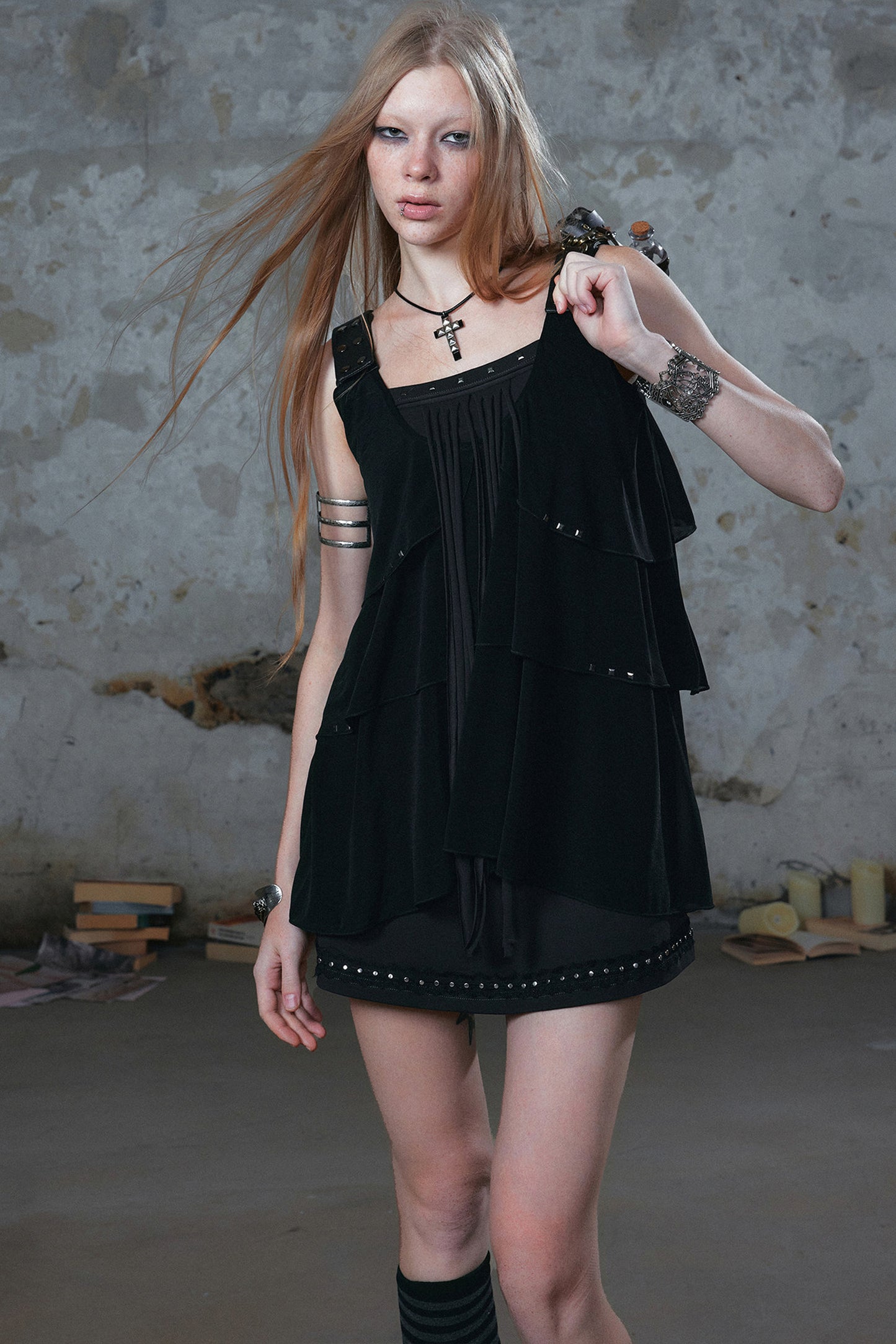 Ruffled Rivet Tassel Cake Camisole Dress