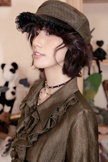 Metal Buckle Striped Flat Cap