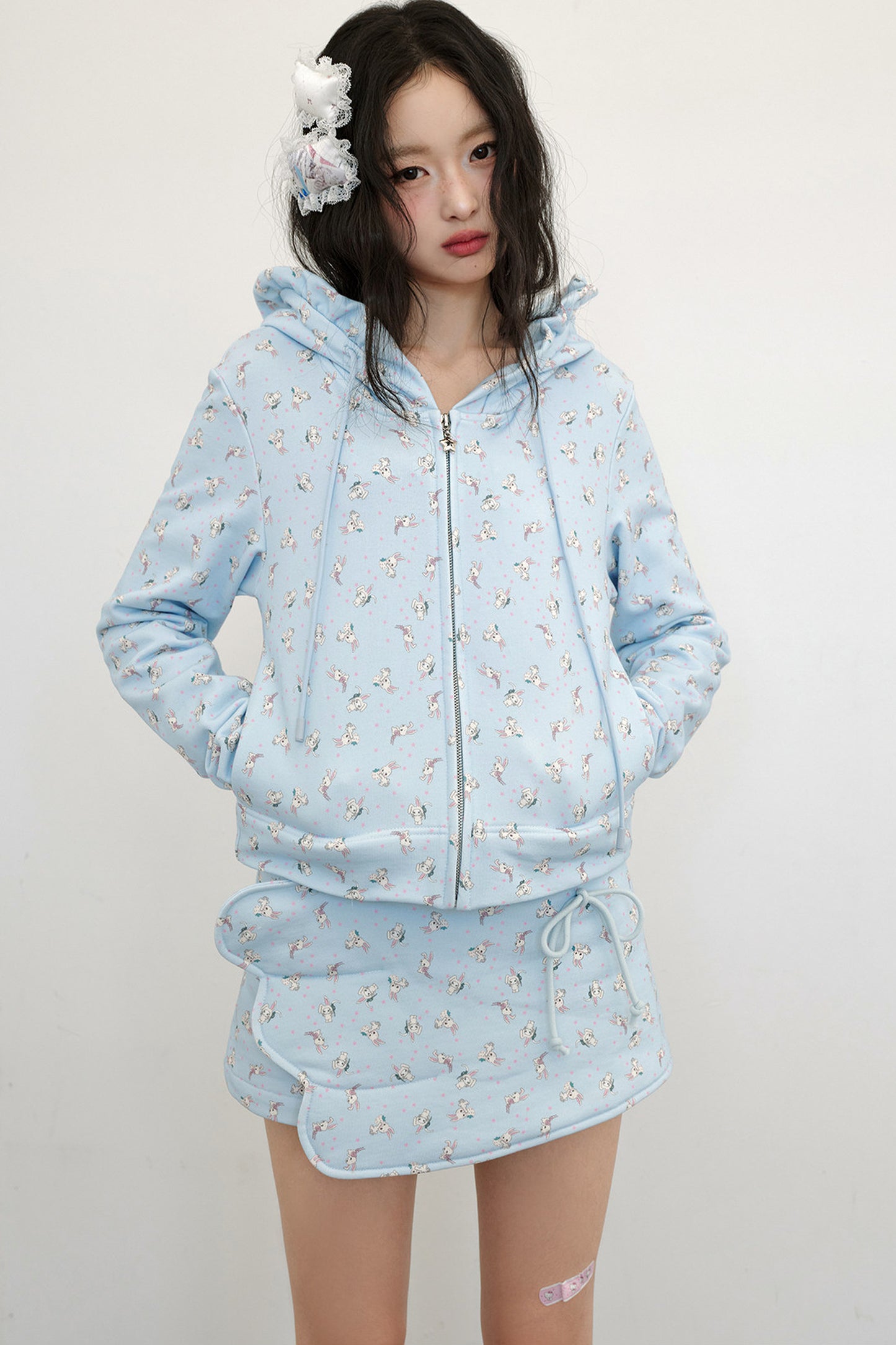 Bunny Print Hooded Sweatshirt Jacket