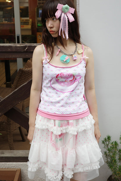 Double-Layer Double-Sided Cake Print White Gauze Skirt