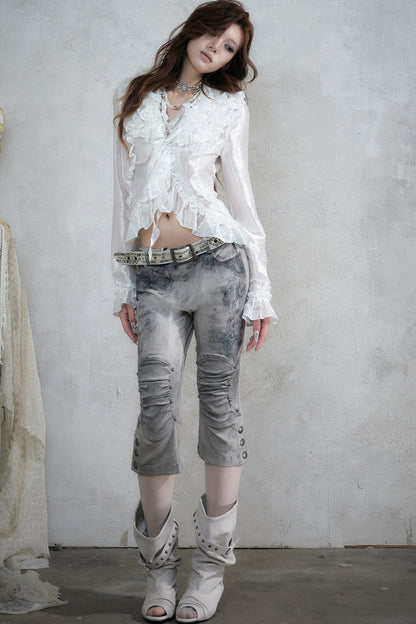 Ruffle Trim Tie Waist Long-Sleeved Blouse