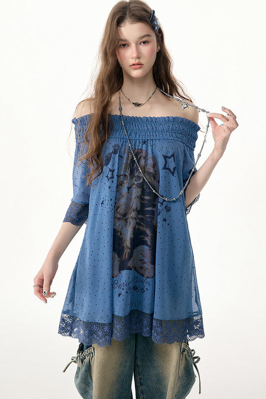 Cat Print Lace Trim Off-Shoulder Top