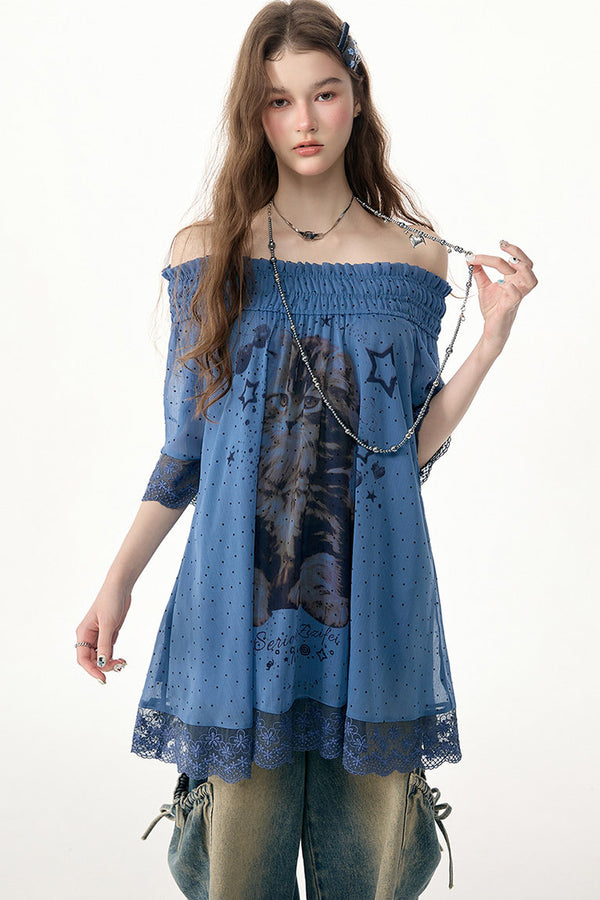 Cat Print Lace Trim Off-Shoulder Top