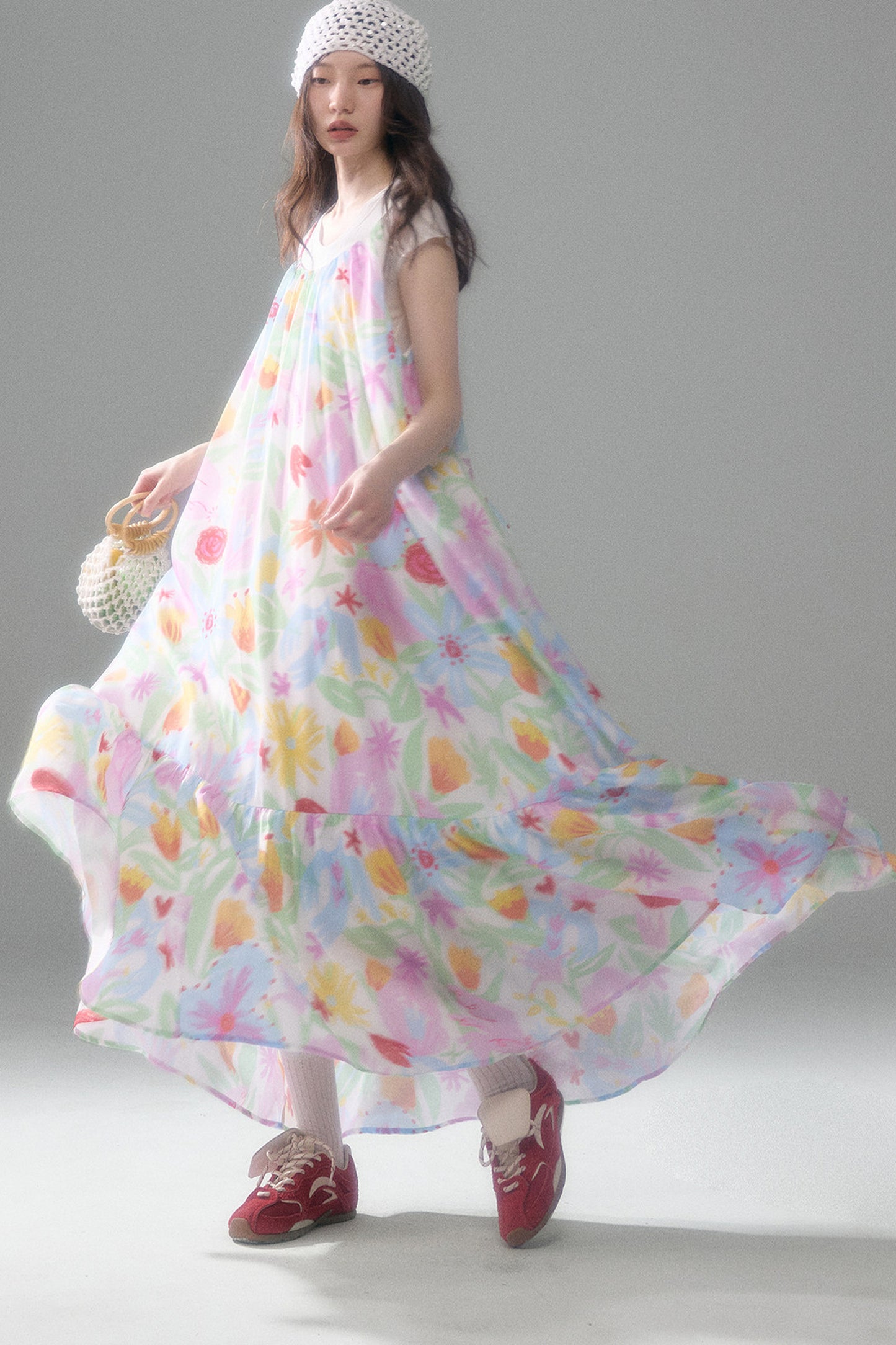 Hand-Painted Watercolor Flower Print Strap Dress