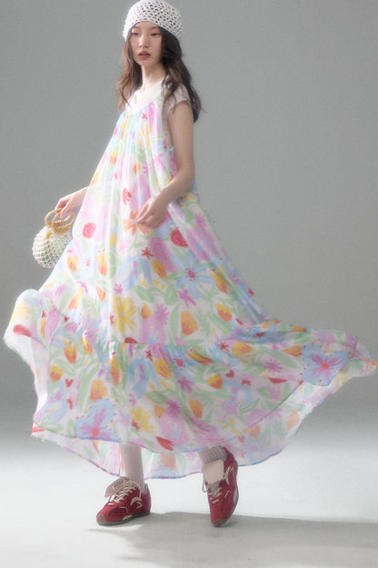 Hand-Painted Watercolor Flower Print Strap Dress