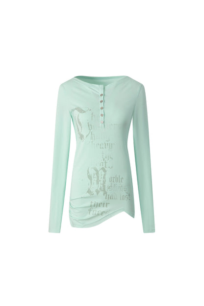 Long-Sleeved Gothic Print Henry Collar T-shirt