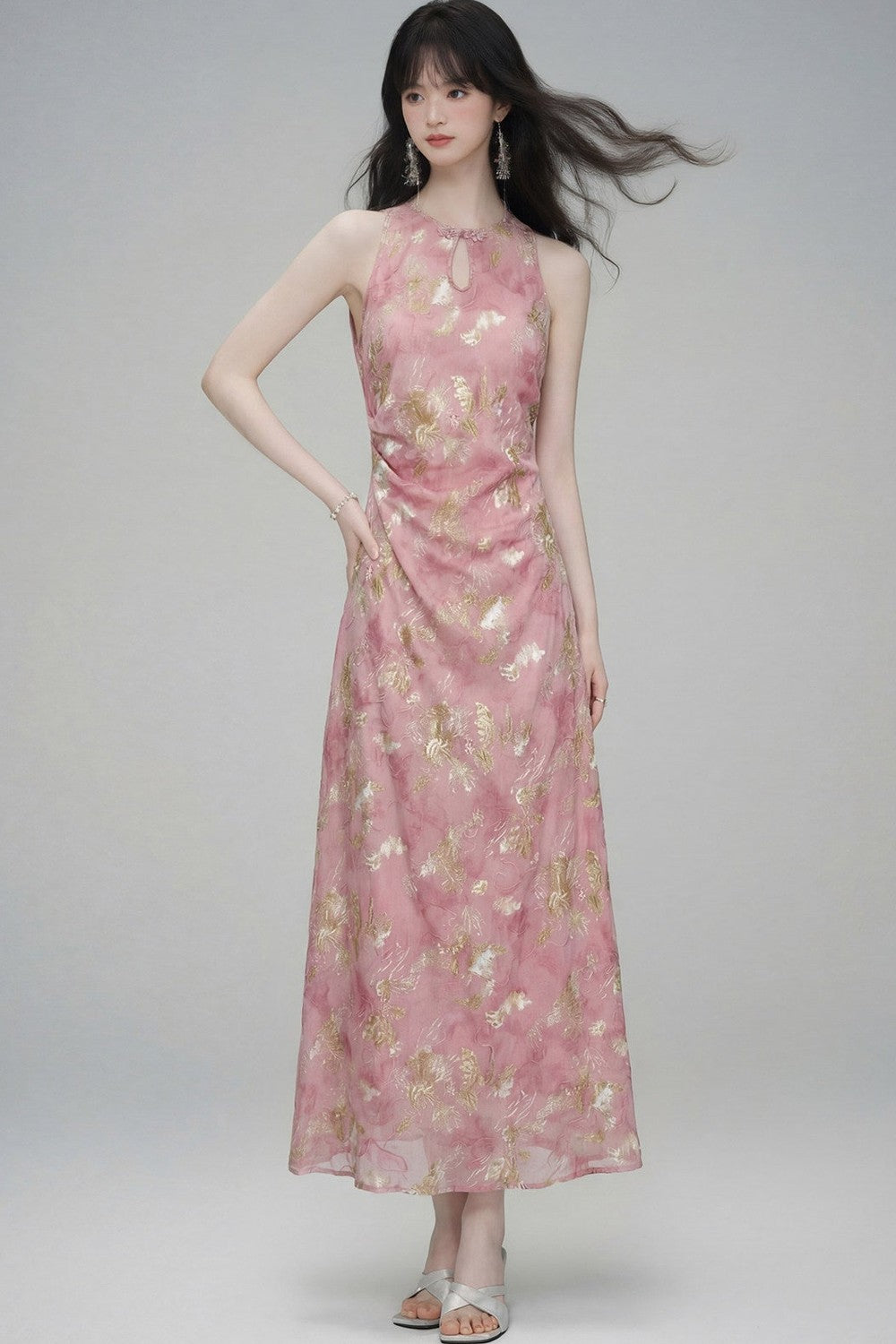 New Chinese Gold Jacquard Dress