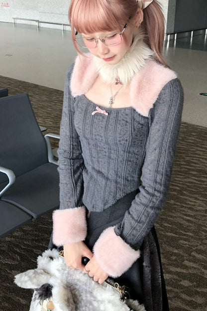 Fur Patchwork Curved Knit Top