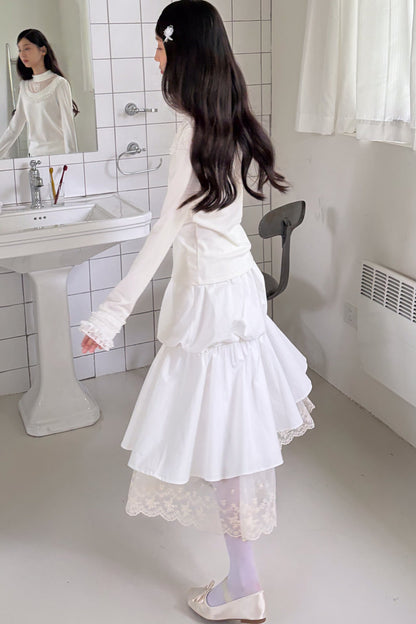 White Lace Trim Puffy Mid-Length Skirt